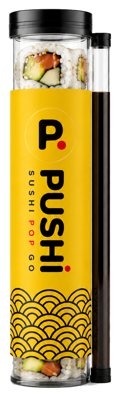 Tubo PUSHI amarelo com sushi e shoyu